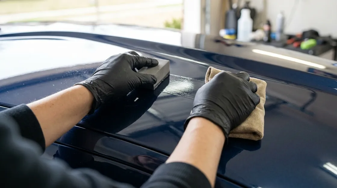 Detailer applying ceramic coating to the roof of a dark blue car with an applicator block