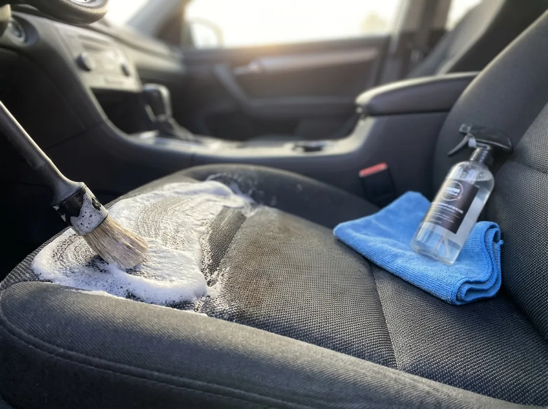 Detailer scrubbing a heavily soiled car seat covered in cleaning foam